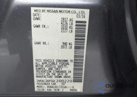 2016 Nissan Altima 2.5 Sr from USA, damaged, VIN 1N4AL3AP5GC200220